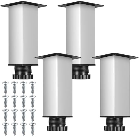 4 Pcs Adjustable Cabinet Legs, Stainless Steel Furniture Feet 0-15mm Height Adjustable for Desk, Sofa, Cupboard, Table, Bed - Silver/38x120mm