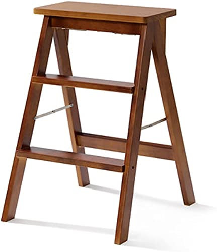 SZITW Klappbarer Tritthocker, zusammenklappbarer 3-Stufen-Hocker für Erwachsene/Senioren, tragbare Trittleiter aus Holz für Küche/Schlafzimmer, maximale Belastung 150 kg (Holzfarbe) (Braun)