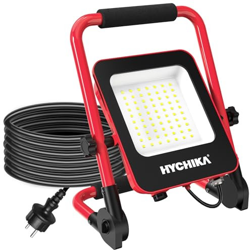 HYCHIKA Faretto Led da Cantiere, 50W/5500Lm/IP65 Fari Led da Esterno Con Spina e Staffa Pieghevole, Rotazione 360°, Lampada da Lavoro per Edilizia, Officina, Campeggio, Garage