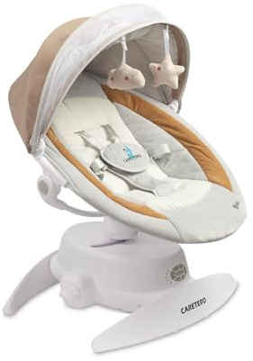 CARETERO – elektrisk babygunga, babygunga, elektronisk med tre funktionslägen – 360 grader – myggnät – intuitiv kontrollpanel – 360 graders rotation – inställning liggande position – brun