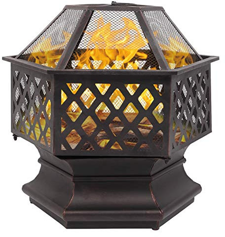 Brasero hexagonal para exteriores, brasero portátil de leña para exteriores, brasero de metal de 22 pulgadas con tapa de malla y atizador para calentar el patio, acampar, patio, playa, jardín, pisci
