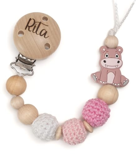 Personalisierte Baby-Kette mit Namen – Mit Gravur – Große Farbauswahl – Geschenkidee für Jungen & Mädchen (Hippo, rosa)