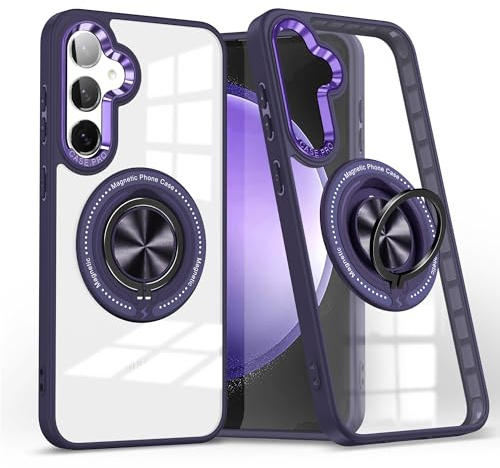 Kainevy for Samsung S25 Case Clear Magnetic with Metal Stand Ring Holder for MagSafe Phone Cover for Samsung Galaxy S25 Case Thin Hard Military Grade Shockproof Protective (Purple)