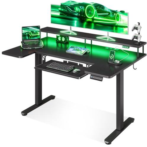 OffiGo Höhenverstellbarer Gaming Schreibtisch mit LED 120×74 cm, Schwarz | U Form Tischplatte, USB und Steckdosen integriert, Gaming Tisch mit Memory Funktion, Computertisch mit LED Beleuchtung