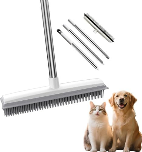Broomwiz Pet Hair Removal Tool - Adjustable Handle 2-in-1 Rubber Broom for Dog & Cat Hair on Carpet, Floor, Couch, Rugs & Stairs - Efficient Carpet Scrubber & Hair Remover Brush (A)