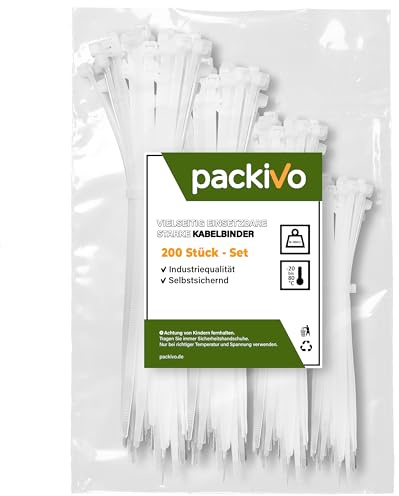 200 Stück Kabelbinder Weiss Set -100/150/200/300 mm - jeweils 50 Stück, Sortiment Nylon Verschiedene Größen Haltbar Kabelbinder für Kabelmanagement,Gartenarbeit,Wohnen,Werkstätten, Auto