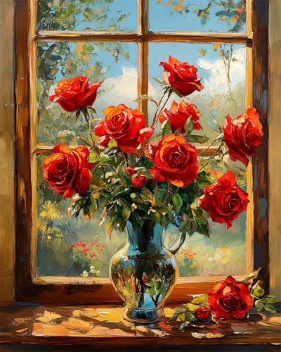 AYAOYANGGO Kreuzstich Set Rote Rosen In Der Vase Diy-Kreuzstich-Sets Für Erwachsene Mit Nadeln,Scheren-Einfädler,Vordruck Für Die Wanddekoration Zu Hause 11CT 40x50cm