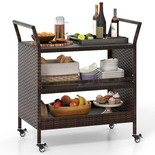 COSTWAY Outdoor Rattan Bar Cart, 3-Tier Rolling Serving Cart with 4 Lockable Universal Wheels & 2 Side Handles, Indoor Outdoor Wicker Liquor Beverage Drink Trolley for Kitchen Garden Patio (Mix Brown)