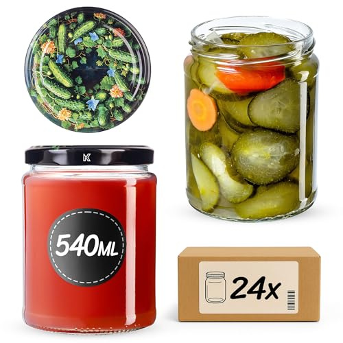 KADAX 24er Set Einmachgläser 540ml TO82, Sturzgläser Mason Jar mit Schraubdeckel, Luftdichte Twist-off Gläser, Meal Prep, Overnight Oats, Sauerteig (Grüne Gurken)