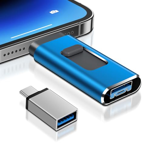 USB Stick für iPhone 128GB, [MFi-zertifizierter] 4-in-1 USB Stick mit Lightnning-Port, USB, USB-C, Micro-USB-Port, USB 3.0 Speicherstick für iPhone/iPad/Android-Handy/Laptop/PC, ohne App(Marineblau)