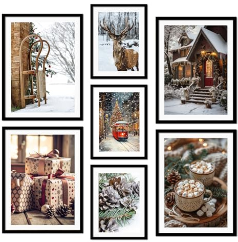 ag.art deco® Poster Wanddeko Wohnzimmer Ideal als Geschenk Modernes Design | Premium XXL 7 Christmas Wandbilder mit Rahmen Weihnachten Winter Schnee Weihnachtszeit Mehrteilige Wanddeko Wohnzimmer &