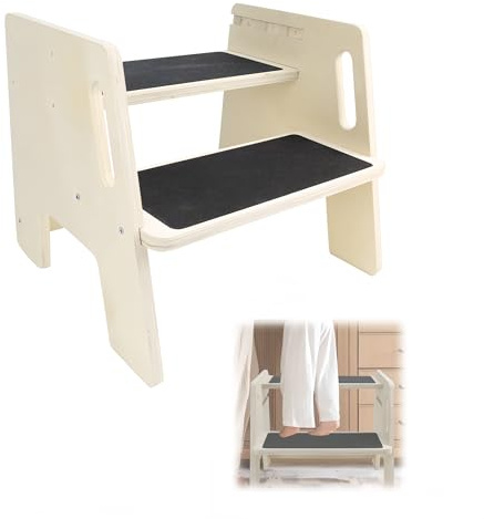 Sgabello, Sgabelli Cucina in Legno Massello 38 x 33,3 x 32 cm con Portata di 200 kg Poggiapiedi con 2 Gradini per Bambini con Tappetino Antiscivolo, Base Antiscivolo e Maniglia per Uso Interno