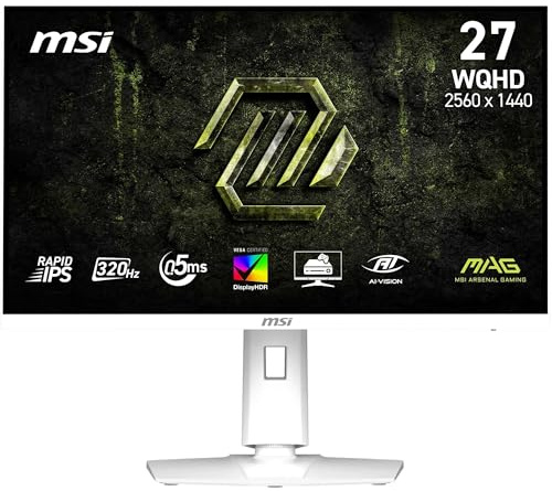 MSI mag 274QRFW X32 Monitor Gaming, 27 WQHD, 2560 x 1440 Rapid IPS, 320 Hz, 0,5 ms, DisplayHDR 400, Compatible con G-Sync, Eye Care, HDMI 2.1, DP 1.4a, inclinación/Altura Ajustables, Blanco