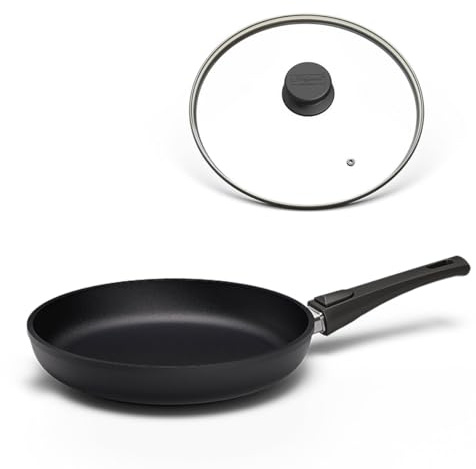 Hoffmann STONIQ Bratpfanne, PFAS-frei, Mineralbeschichtung, Aluminium mit Edelstahlboden, Induktionsgeeignet, Made in Germany, Antihaftbeschichtet (mit Deckel, 24 cm)