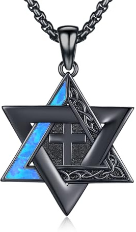 REDSUN 925 Sterling Silber Davidstern Kette Schwarz mit Kreuz – Blauer Opal Anhänger, Hexagramm Schmuck mit Keltischem Knoten, 22+2'' Edelstahlkette Geschenk für Damen Herren Unisex Jungen