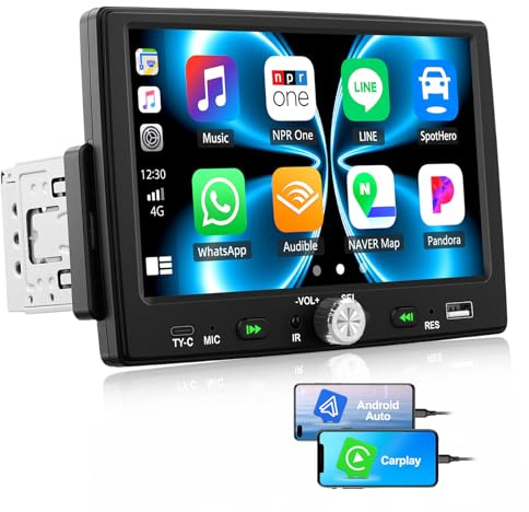 Autoradio 1 Din CarplayCAMECHO Android Auto (Kabelverbindung) Bluetooth Radio, 7 Zoll TN Touchscreen HD Bildschirm mit Mirror Link Lenkradsteuerung +USB Typ-c Anschlüsse