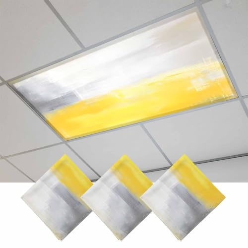 Fluorescent Light Covers, Yellow Gray Magnetic Light Covers for Ceiling Lights, Contemporary Oil Painted Abstract Art Fluorescent Ceiling Shade Filters for Classroom Bedroom Office 4x2Ft x 3PCS