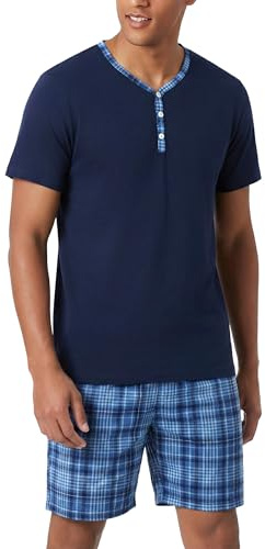 Irdcomps Pyjama Homme Été Ensembles de Pyjama Coton Court Short à Carreaux Col V à Manches Courtes Vêtements De Nuit Décontracté Été Vêtements de Détente Confortable A#Bleu XL
