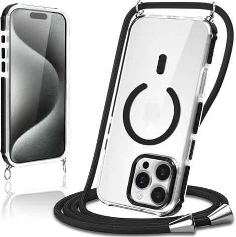 Pnakqil Magnetica Cover per iPhone 15 Pro con Cordino, Compatibile con MagSafe Transparent Sottile TPU Protettiva Case, Custodia con Corda Collana Tracolla Laccio Antiurto Resistente, Nero
