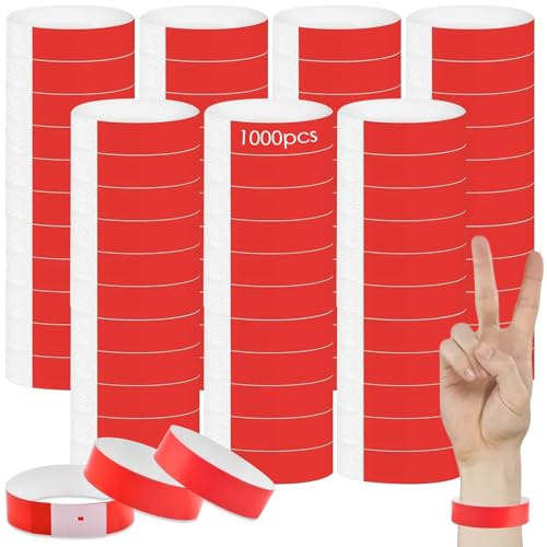 1000 cintas de entrada, bandas de entrada de festival, resistentes al agua, de neón, cintas de papel para eventos, muñecas, fiestas, fiestas, festivales de música, conciertos, competiciones (rojo)