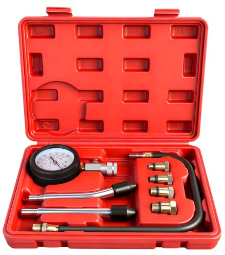 ASUNCELL Cylinder Compression Tester Kit, Dual Scale Engine Pressure Gauge with Hose Straight & Bent Rod Adapters, Gasoline Car Motorcycle Diagnostic Tool with Hard Storage Case