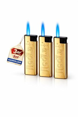 Topshop24you 3X Goldbarren Jet Feuerzeug, Blue Flame Sturmfeuerzeug Metall, nachfüllbar & befüllt, Gasfeuerzeug Set