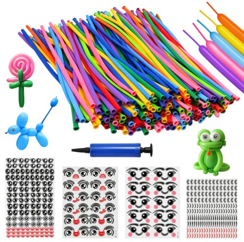 200 Pcs Modelling Long Balloons with Pump, Magic Latex Balloon Mixed Coloured, Balloon Animal Making Kit with Eye Stickers for Party Birthday Wedding