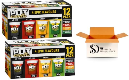 Pot Noodle Instant Noodles 90g Variety Pack (Pack of 24) – Ultimate Mega Selection Bulk Box with 6xBombay Bad Boy, 6x Beef & Tomato, 6 x Original Curry, 6 xChicken & Mushroom Quick Snacks