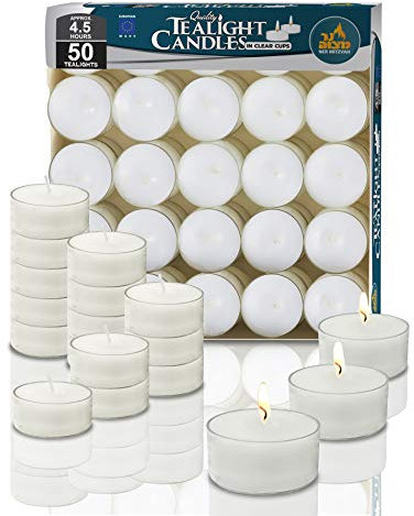 Ner Mitzvah Bougies Chauffe Plat - Lot de 50 - Lot Bougies Chauffe Plat Blanches Non Parfumées dans une Coque Transparente - Longue Durée de Combustion - 4,5 Heures