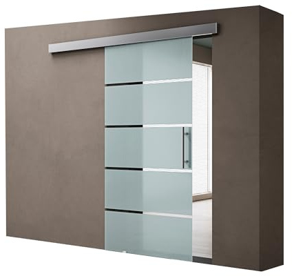 doporro Glasschiebetür Komplettset Softclose 102,5x205cm Milchglas-Streifen | 15mm Wandabstand | Schiebetür mit 8mm ESG-Sicherheitsglas | Zimmertür Glas mit Stangengriff | Amalfi-plus 13