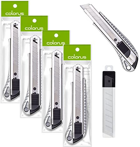 5 x Premium Colorus Alu Druckguss Cuttermesser 18mm inklusive 10 x Abbrechklingen | Teppichmesser klingen Universalmesser | Kartonmesser mit Arretierung | Paketmesser mit Metallführung