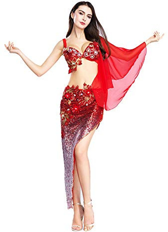 Royal Smeela Bauchtanz-Kostüm, BH und Hüftrock, für Damen, Bauchtanz-Kostüm, rot, Hüftschal, Übergröße, 4 Größen, 2 Farben