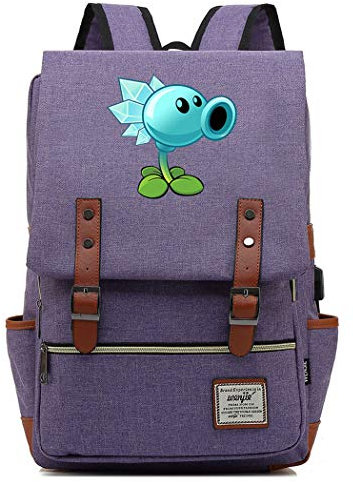 WANHONGYUE Plants vs. Zombies Spiel Backpack Vintage Schulrucksack Studententasche Schulranzen 15,6 Zoll Laptop Rucksack mit USB-Ladeanschluss Purple / 3
