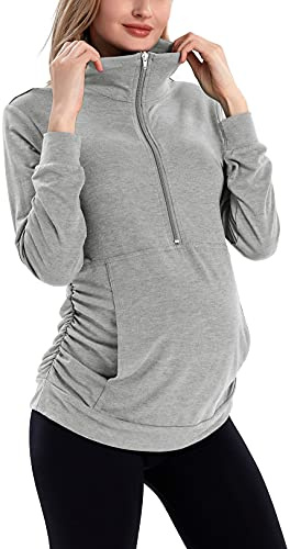 GINKANA Maternity Long Sleeve Shirts Casual Lapel Zipper Sweatshirt Lightweight Pullover Tops with Pockets,Heather Grey,M