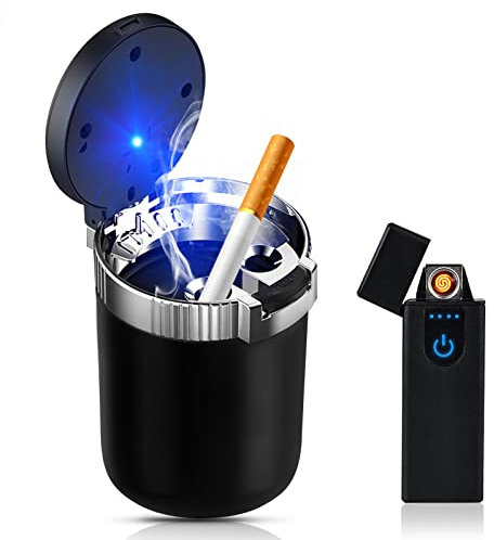 Auto Aschenbecher mit Deckel LED Reiseaschenbecher: Tragbarer Edelstahl Aschenbecher Auto mit Lighter Anfassen, Rauchfreien Selbstverlöschender Aschenbecher für Unterwegs Haus Büro Autotassenhalter