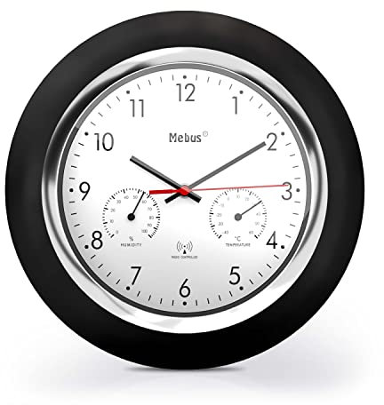 Mebus Funk-Wanduhr mit Thermometer und Hygrometer/schwarzer Rahmen/weißes Zifferblatt / 24cm Durchmesser/Rund/Modell: 19453 / Farbe: Schwarz, Weiß