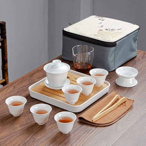 LUNYY Drinkware Set Chinese Kung Fu Travel Tea Set Ceramic Portable Teacup Porcelain Gaiwan Tea Cup Mug of Tea Ceremony Teapot