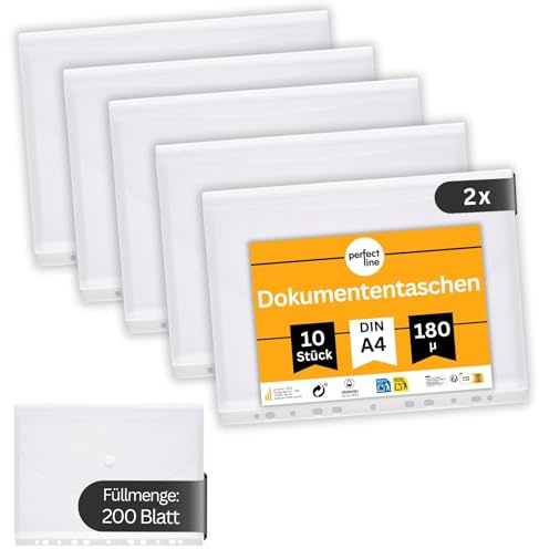perfect line – 20 dokumentfickor DIN A4, samlarmapp med kardborreband, transparent stabil dokumentmapp PP, kapacitet ca 200 ark – 2 cm fyllningshöjd (2 x 10 st. (20 st.))