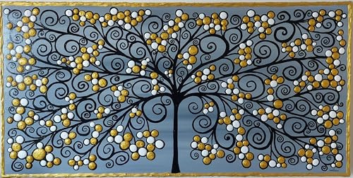DORON ARTE QUADRO MODERNO ASTRATTO DIPINTO A MANO TELAIO GALLERY BORDI DIPINTI - ALBERO DELLA VITA FIORI BACCHE ORO e BIANCHE - 1 metro x50x4 cm -RIF306