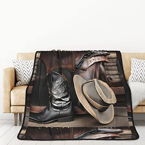TORONG Doppelseitige Flanell Cowboy Schwarz Hut Westernstiefel Überwurf Decke für Erwachsene für Auto Bett Nickerchen Warme Bequeme Decke