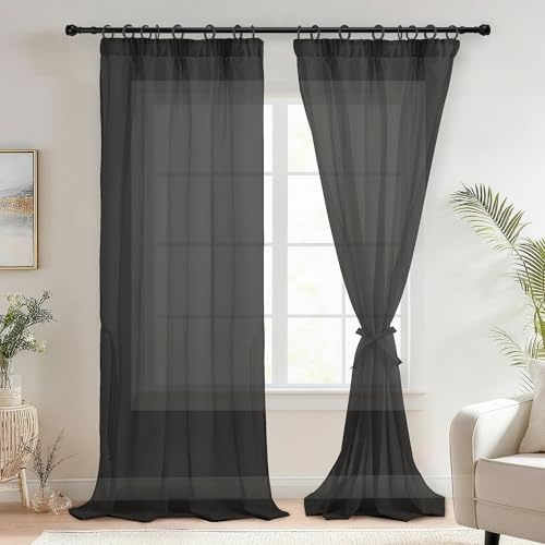 DWCN Voile Vorhänge mit Kräuselband Leinenoptik 2 Stücke Halbtransparent Vorhänge für Wohnzimmer,Durchsichtige Gardinen Extra Lang,Schwarz,260x140cm (Höhe x Breite)