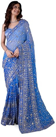 TRENDMALLS Sequenza pesante Georgette delle donne con il lavoro di ricamo Sari per le donne, Cielo Blu, 5.5 Mtr