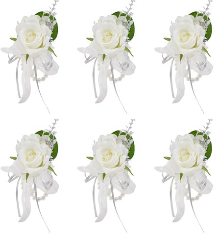 Meldel Ansteckblume für das Handgelenk, für Braut, Brautjungfern, Hochzeit, 6 Stück, künstliche weiße Rose, Hortensie, Kunstperlen, Handgelenk-Corsage für Brautparty, Hochzeits-Handgelenk-Dekoration,