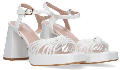 shoes&blues.es 77261-Sandalia de Tacon Ancho para Mujer, Comodo, con Estampado Multicolor, Pala con Tiras Enredadas, y Cierre de Hebilla. Talla 39 Blanco