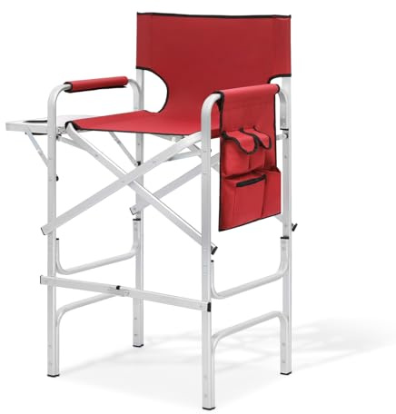 MoNiBloom 44.5'' Tall Makeup Artist Director Chair, Foldable Portable Aluminum Frame Folding Chair with Side Table, Cup Holder and Storage Pockets, 250 lbs Capacity, Red