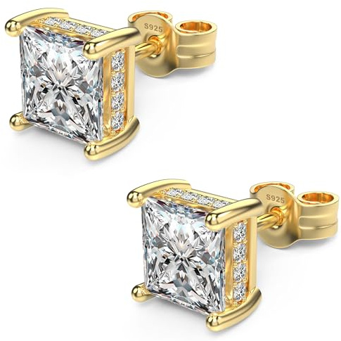 TATCAI 18K White Gold Plated Sterling Silver Princess Cut Square Cubic Zirconia Stud Earrings for Women Men Clear CZ Diamond Stud Earrings (6MM, Gold)