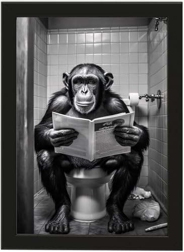 Deqosy Affe auf WC, Poster A4 mit Rahmen, Toilette Badezimmer Deko, Wand-Deko Bilder Lustiges Geschenk