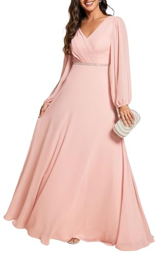 Ever-Pretty Robe Témoin de Mariage Double V-Col Mousseline Manches Longues A Line Plissé Brillante Robe Longue Soiree Gala Rose 48