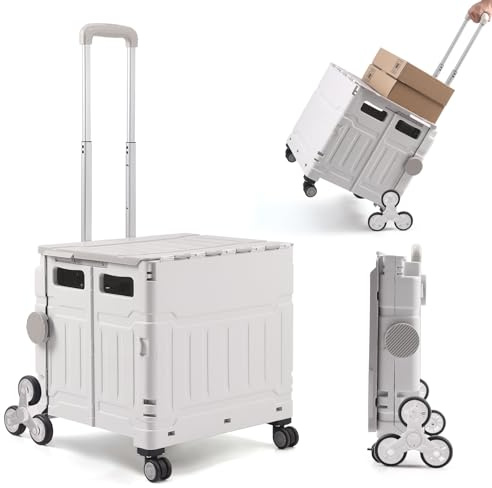 The Fellie Trolley Box Cart with Stair Climbing Wheels, 75L & 50KG Capacity Folding Shopping Cart Trolley with One-piece Lid, Boot Cart with Telescopic Handle for Shopping Picnic Office(White Grey)