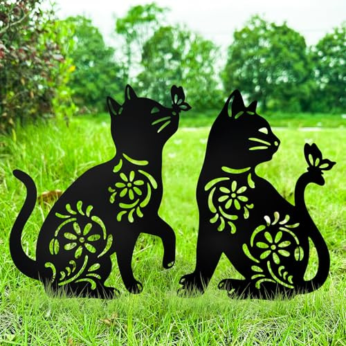MrMrKura Lot de 2 piquets en métal pour décoration de jardin, statuette de chat noir pour extérieur, jardin, maison, terrasse, cour